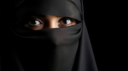 Naklejka premium Portrait of woman muslim with niqab in black background with copy space