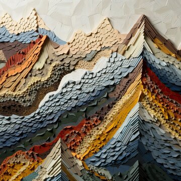 Textured Layered Paper Art Depicting Colorful Abstract Mountains