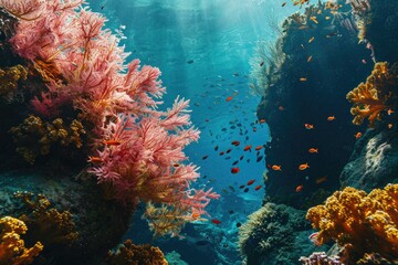 Naklejka na ściany i meble A bright underwater world with coral reefs