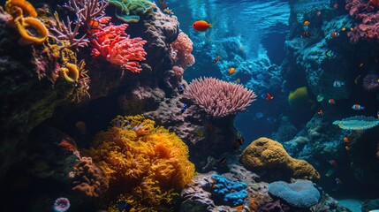 Naklejka na ściany i meble A bright underwater world with coral reefs