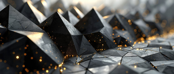 Textured geometric pyramids in dark tones with striking gold accents. - obrazy, fototapety, plakaty