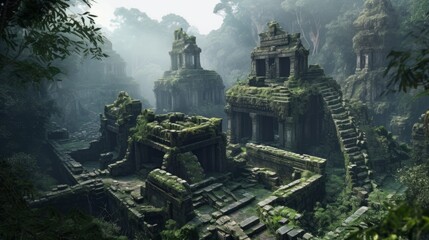 Ancient ruins in the jungle overgrown ancient ruins. AI generated