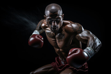Fototapeta na wymiar A African male boxer in action on isolated dark black background