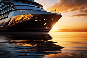 A close-up of a cruise ship at sunset, with the reflection of the sun on the water - obrazy, fototapety, plakaty