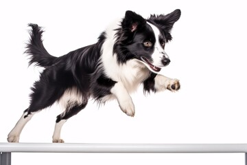 A youthful border collie leaping over an obstacle, set apart on a pallid backdrop.