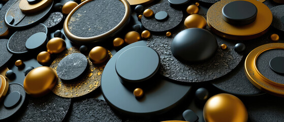Spheres and circles in black and gold, creating a luxurious abstract 3D composition.