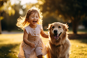 An little toddler girl in light ping dress happily running along a brown golden retriever on a garden park in the late afternoon 