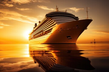 A close-up of a cruise ship at sunset, with the reflection of the sun on the water