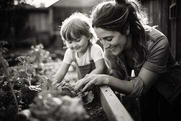 Black and white photo of an affectionate woman and her daughter harvesting vegetables in a sunlit backyard garden 