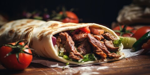 Mouthwatering wrap with delicious shawarma, grilled meat, and fresh vegetables on a wooden surface. - obrazy, fototapety, plakaty