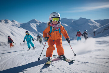 A young kid on sky uniform skiing on snow against the scenic mountain landscape during the midday sun