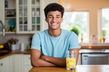 Fototapeta na wymiar Handsome young man enjoying a fresh glass of lemonade in a cheerful and healthy morning routine.