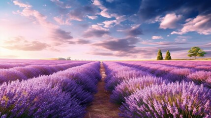 Dreamy lavender fields expansive fields of bloomin. AI generated