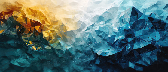 A low-poly digital landscape shimmering with blue tones and golden highlights.