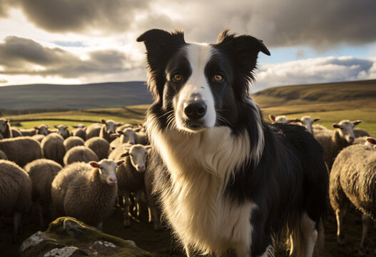 A black and white Scottish border collie dog is standing guard and shepherding flock of sheep 