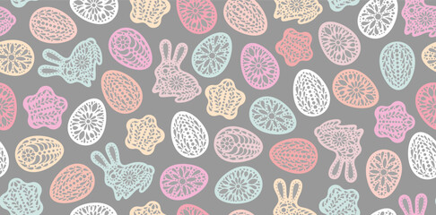 Easter background. Color egg, bunny rabbit, star. Paper cut style Easter symbol. Egg hunt. Egg banner,wallpaper. Color gingerbread cookies papercut. Happy Easter day backdrop.
