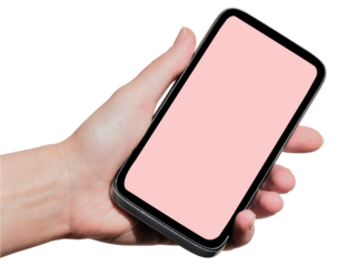 smartphone in hands. phone mockup in female hand showing pink screen.on transparent, png. fashion apps. Online shopping