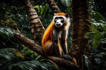 A Wolf's Mona Monkey, adorned with vibrant fur and captivating patterns, gracefully swings from branch to branch