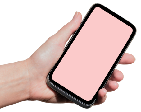smartphone in hands. phone mockup in female hand showing pink screen.on transparent, png. fashion apps. Online shopping