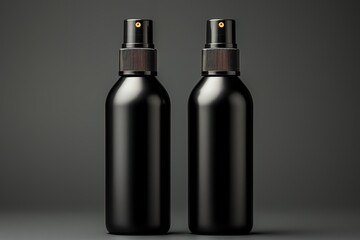 Black Plastic Spray Bottle Mockup - Two Bottles. 3D Illustration , blank levels