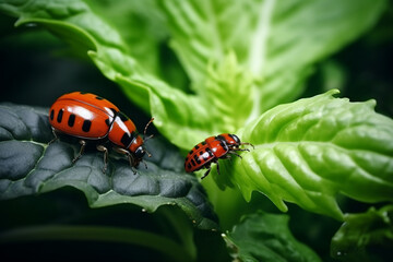 Colorado potato beetle and red larva crawling and eating potato leaves