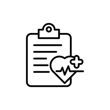 Patient Record line icon. Heart Checkup Report icon in black and white color.