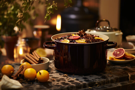 Mulled Wine in simmering pot infused with aromatic spices, medley of cinnamon, cloves, and citrus placed on desk 