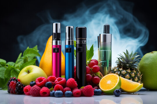 Colored E cigarettes for vaping and various fruits the symbol of the vape device E cigarette store for vaping nicotine