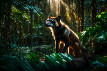 Picture a surreal scene where a Wolf's Mona Monkey, surrounded by the soft glow of ideal lighting, leaps playfully