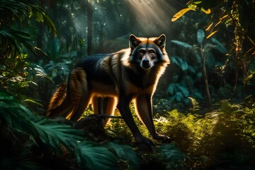 Picture a surreal scene where a Wolf's Mona Monkey, surrounded by the soft glow of ideal lighting, leaps playfully