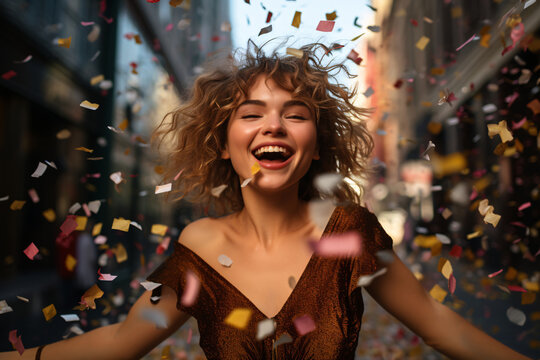 close up photos of a stylish fashion blond Caucasian woman celebrating with confetti on street open arm and closing eyes full of joy 