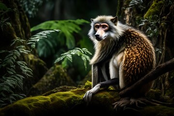 Amidst the enchanting foliage of a tropical paradise, a Wolf's Mona Monkey perches on a moss-covered branch,