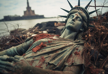 The statue of liberty destroyed and abandoned, New York city has fallen down 