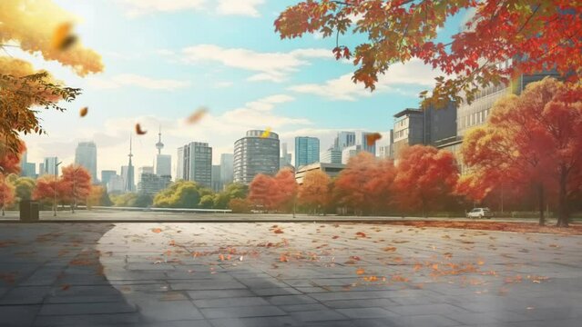Buildings in modern city with autumn leaves. Golden leaves in front of high-rise corporate office buildings with Empty cement floor with lake garden and modern city skyline in background