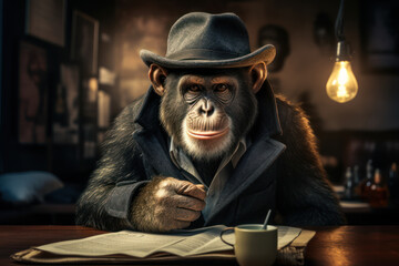 A mischievous monkey wearing a detective hat and inspecting a banana, illustrating the amusing world of primate detectives. Concept of monkey business. Generative Ai. - obrazy, fototapety, plakaty