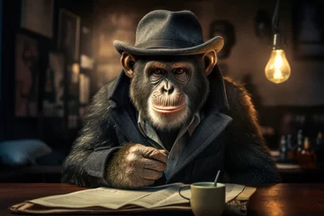 Poster A mischievous monkey wearing a detective hat and inspecting a banana, illustrating the amusing world of primate detectives. Concept of monkey business. Generative Ai. © Sebastian