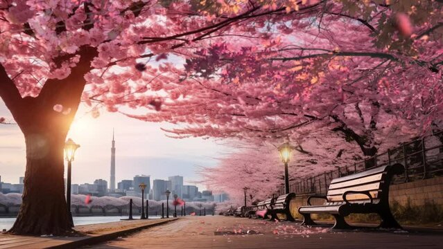spring scenery. Skytree with cherry blossoms in full bloom at river. Sakura tree, benches in a city park with beautiful view. Nature scene. Cartoon or anime illustration video style background 