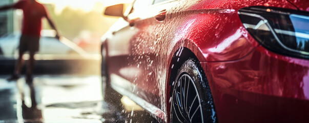 Professional carwash. Car wash with white soap and foam on luxury cars. Washing by Using High Pressure Water.