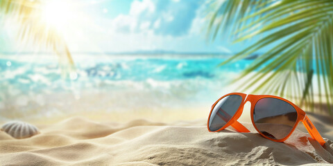 Fototapeta na wymiar Schöne grafische Zeichnung mit Sonnebrille am Strand und Meer in fantastischen hellen Farben Querformt für Banner, ai generativ