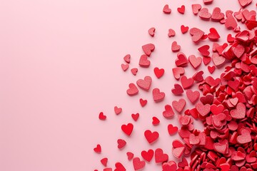 Red hearts on pink background with copy space. Valentines day poster or greeting card. 

