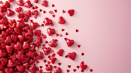 Red hearts on pink background with copy space. Valentines day poster or greeting card. 

