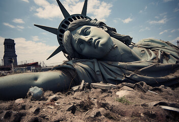 The collapsed Statue of Liberty, New York fallen down, apocalypse concept  - obrazy, fototapety, plakaty