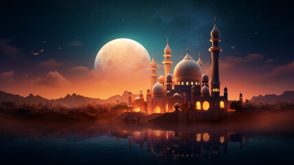 Ramadan Kareem background.Crescent moon at a top of a mosque - Powered by Adobe