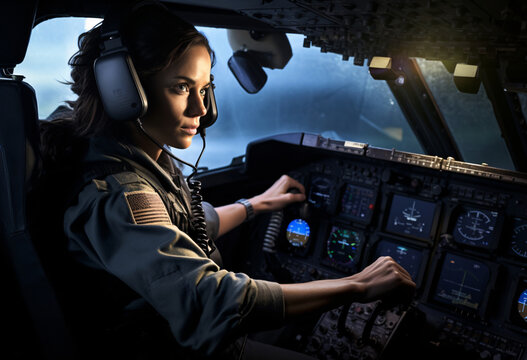 military woman pilot flying inside the cockpit of a jet over the sky