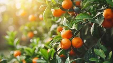 Abundant Citrus Harvest: Organic Ripe Oranges and Tangerines on Sunlit Branches - obrazy, fototapety, plakaty
