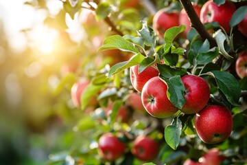 Obraz premium Sunny Orchard Delight: Ripe Apples on Lush Branches