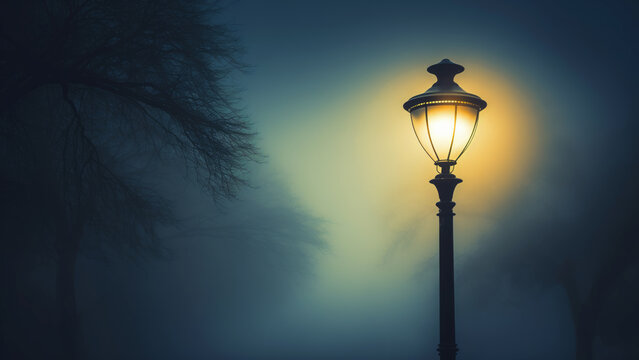 Mystical foggy night with glowing street lamp and silhouette of a leafless tree. Copy space