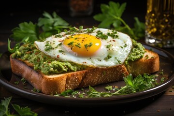 Avocado toast on wooden plate made with whole grain bread, sunny side up fired egg, and a sliced tomato.