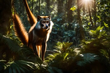 In a sunlit clearing of a dense rainforest, a Wolf's Mona Monkey captivates with its playful antics, the perfect lighting accentuating