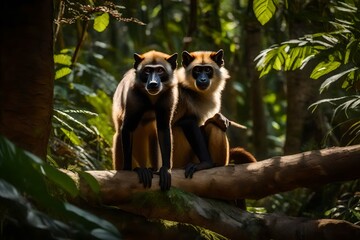 In a sunlit clearing of a dense rainforest, a Wolf's Mona Monkey captivates with its playful antics, the perfect lighting accentuating